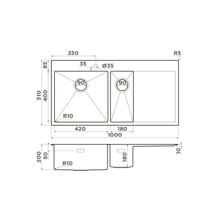 Врезная мойка OMOIKIRI Akisame 100-2-IN-L нержавеющая сталь