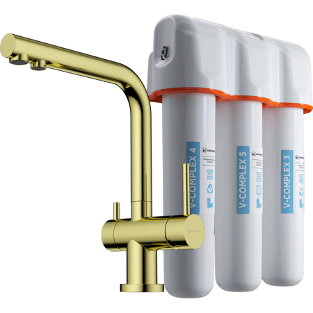 Комплект смеситель комбинированный + фильтр OMOIKIRI Nagano-LG + Pure drop Lite светлое золото