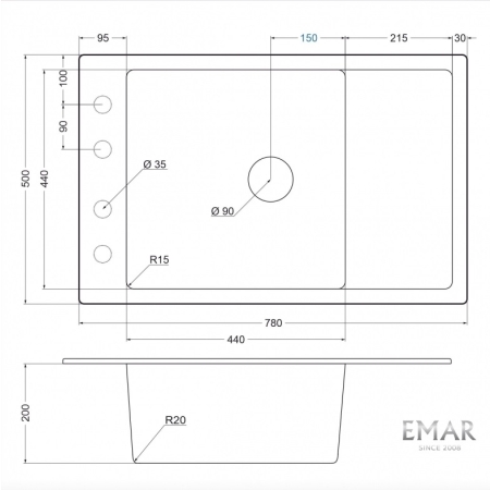 Врезная мойка EMAR EMQ-1780.Q Оникс
