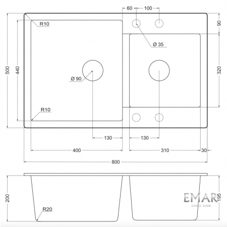 Врезная мойка EMAR EMQ-2800.Q Аворио
