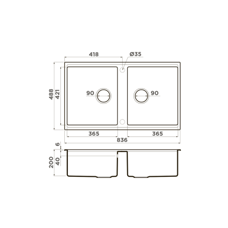 Мойка подстольный монтаж OMOIKIRI Kitagawa 83-2-U-GB Artceramic/графит