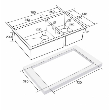Мойка подстольный монтаж Paulmark GERBERG 78/2SUNI вороненая сталь
